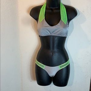 NakedGirl™️ Silver Bikini w/ Neon Green Mesh Ties.
